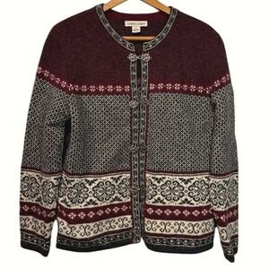Women's Carroll Reed Women Burgundy Gray Fair Isle Wool Cardigan Sweater Size M